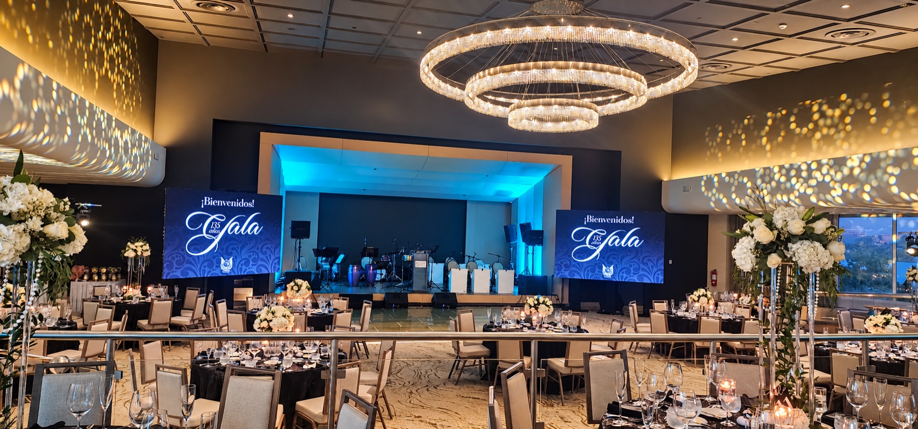 Completed gala stage with screens, musical instruments and lighting